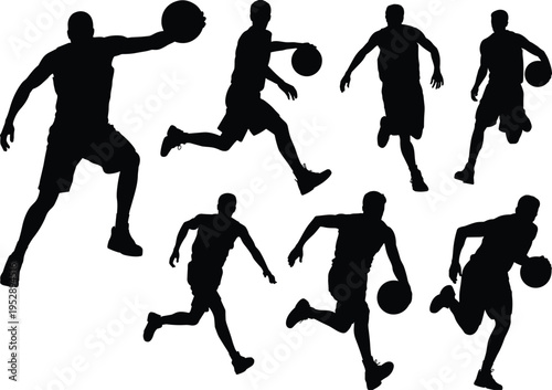 Basketball player silhouettes set, dribbling and attacking action poses collection isolated on white background, dynamic sports flat vector illustration