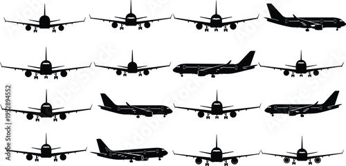 Silhouette illustration of multiple airplanes arranged in grid pattern, showing front and side views of commercial aircraft with wings, engines, and tail fin details