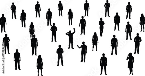 Silhouette illustration of diverse group of people standing apart in different poses, symbolizing individuality, crowd dynamics, personal space, and human posture variations
