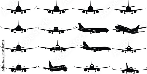 PrintSilhouette illustration of multiple airplanes in grid arrangement, showing front and side views of commercial jets with wings, engines, and landing gear details