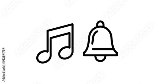 Intro music and jingle icons: musical notes and bell symbols representing audio branding, sound design for intros, and catchy tunes. simple line art