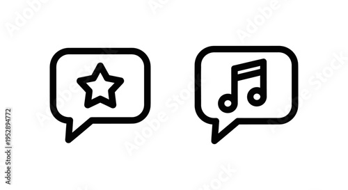 Brand voice and tone of voice icons: speech bubble symbols representing communication, messaging, and brand identity. simple line art