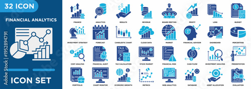 Financial analytics duotone icon set featuring investment, stock market, financial audit, tax calculation, cash flow, revenue, profit, budget, risk management, and business finance elements