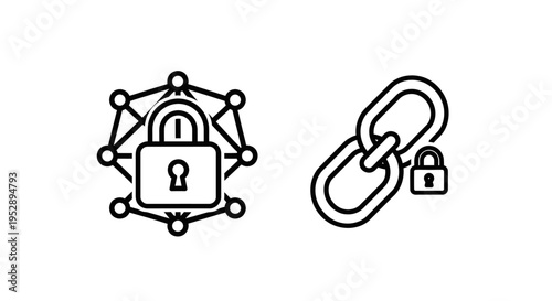Security and connection icons: padlock and chain link symbols representing data security, encryption, privacy, and network integrity. simple line art