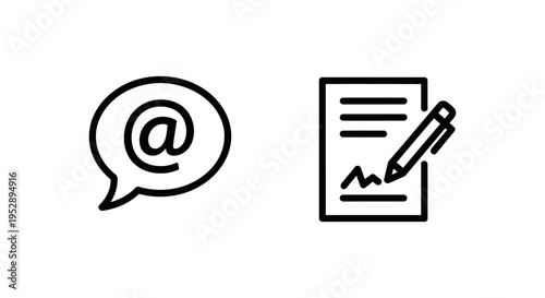 Speech bubble with at symbol for brand messaging and document with pen icon for brand copywriting with brand copy