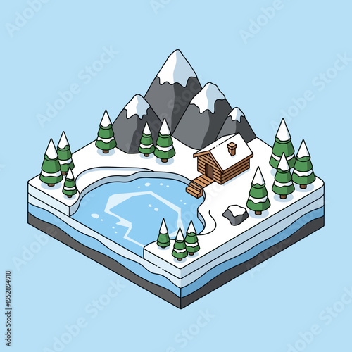 Isometric illustration of a snowy winter landscape with mountains, a lake, and a cabin.