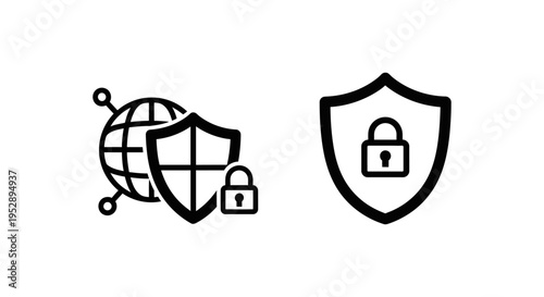 Secure remote access icon with shield, globe and lock for cybersecurity and data protection concepts