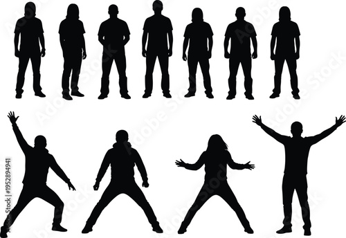 Black silhouette vector illustration of twelve human figures in static and dynamic poses, expressive stances, body language variation, design element set