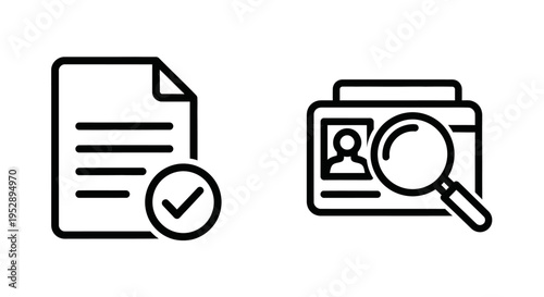Document with check mark and id card with magnifying glass icon