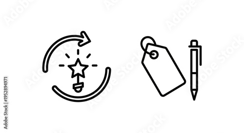 Brand refresh icon with circular arrows and star, and rebranding icon with tag and pen, symbolizing business evolution and identity change