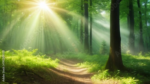 Scenic forest path illuminated by warm sunlight streaming through tall trees.