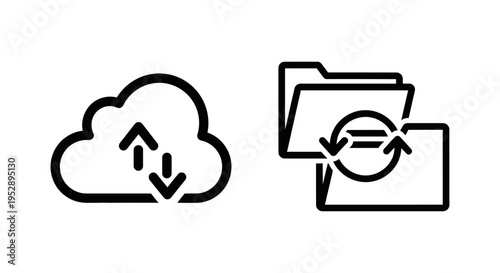 Cloud computing data transfer and folder synchronization icon set, representing remote file exchange and data backup services, data management