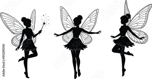 Black silhouette vector illustration of three magical fairies with patterned wings, wand sparkles, whimsical poses, fantasy folklore design, enchanting mystical theme