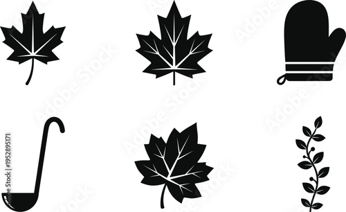Autumn Maple Leaf Silhouettes with Kitchen Utensils Oven Mitt and Ladle Vector Icon Set for Seasonal Cooking Design Elements Isolated on White Background