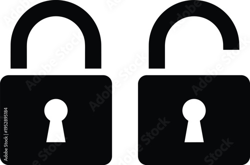 Vector illustration of closed and open padlock icons side by side, symbolizing security, privacy, access control, protection, restriction, and unlocked permission in digital design
