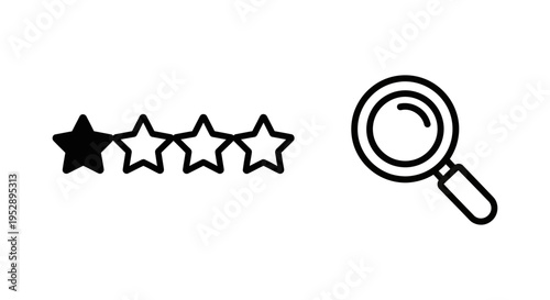 Customer satisfaction rating stars with magnifying glass icon, minimalist vector illustration, black and white