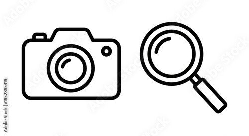 Camera icon and magnifying glass icon on white background, minimalist vector graphic