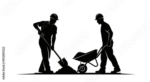Two construction workers in silhouette pushing and shoveling dirt with wheelbarrow and shovel on a building site with hard hats on their heads working together