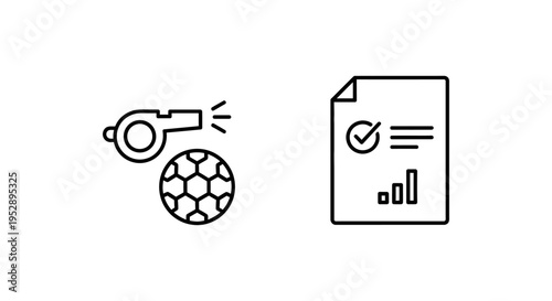 Soccer ball, whistle, and result sheet icons representing match statistics and referee decision