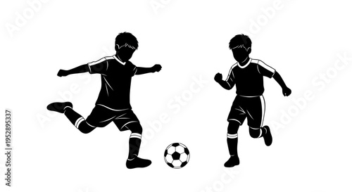 Two boys playing soccer with a ball in a dynamic action pose