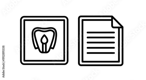 Tooth icon with light bulb inside and document icon, symbolizing dental science and information, white background