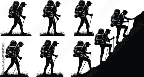 Hiker silhouette collection with backpack and trekking poles, mountain climbing and hiking poses set, outdoor adventure trekking vector illustration isolated on white