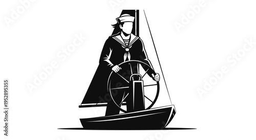 Sailor steering a sailboat with a firm grip on the wheel tightly