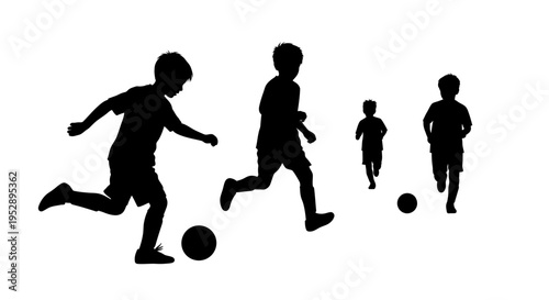 Silhouette of kids playing soccer with balls on white background