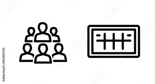 Group of people icon and control panel or settings icon, representing teamwork and management, white background