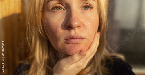Wallpaper Mural Close-up of female face with enlarged pores and oily skin, visible texture, redness on chin. Natural light beauty portrait, skincare concerns, dermatology concept. Torontodigital.ca