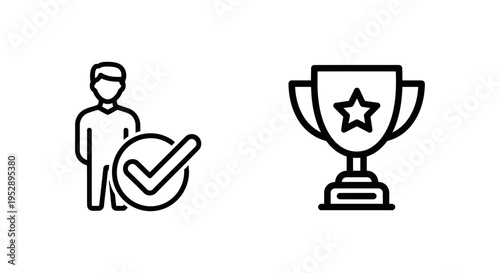Man with check mark icon and trophy cup for success, achievement, and completion in business or sports