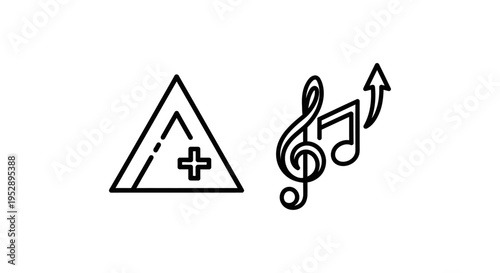 Treble boost sound icon and musical note symbol with upward arrow for audio frequency enhancement and high notes concept