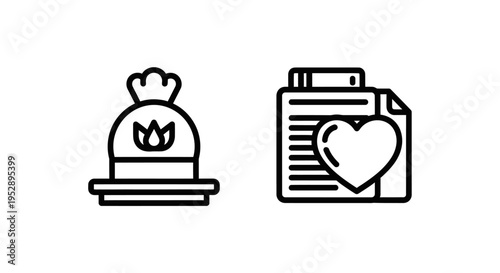 Bag with flower icon and document with heart icon for organic products, wellness, and health services or love for document