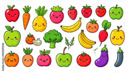 A collection of colorful and adorable cartoon fruits and vegetables with happy smiling faces Vector