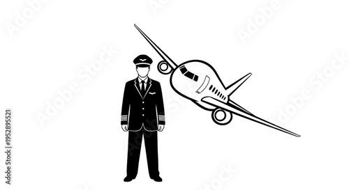 Black and white illustration of a pilot in uniform standing next to an airplane showcasing a simple yet professional design for aviation themes and travel concepts effectively