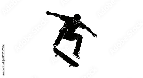 Skateboarder performs aerial stunt with arms outstretched in mid air