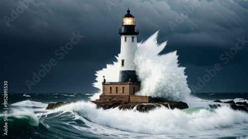 Lighthouse in storm with crashing waves, dramatic ocean seascape