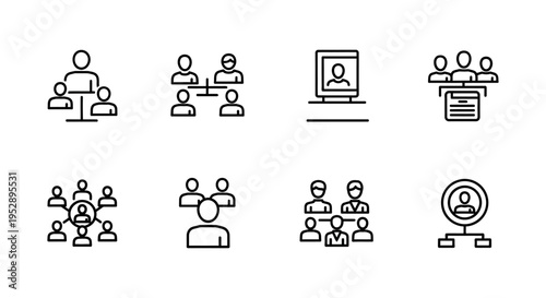 Collection of organizational chart icons illustrating team structure, hierarchy, and group dynamics