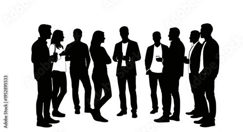 Group of business professionals standing and conversing in casual attire silhouetted against a white background, engaging in discussion and networking.