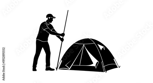 Man setting up a tent for camping in the outdoors with a long pole