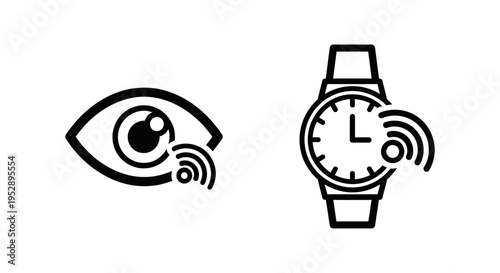 Eye and watch icons with signal waves, representing remote monitoring, surveillance, and connected device functionality