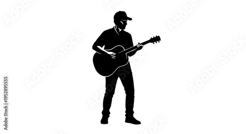 Silhouette of a man playing an acoustic guitar while wearing a cap and casual clothing on a plain white background with a dynamic stance
