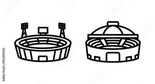 Icon set of two stadiums, one with floodlights and seating, the other a domed arena, symbolizing sports venues and arenas