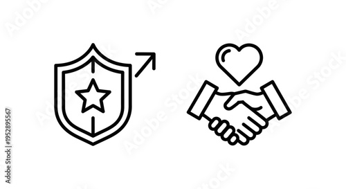 Icons for brand reputation shield with upward arrow and hand shake with heart, symbolizing trust and positive company image