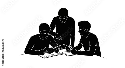 Three students studying together with one standing and two sitting at a table with books and notes
