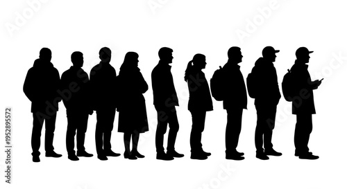 Silhouettes of people standing in a line looking to the right side
