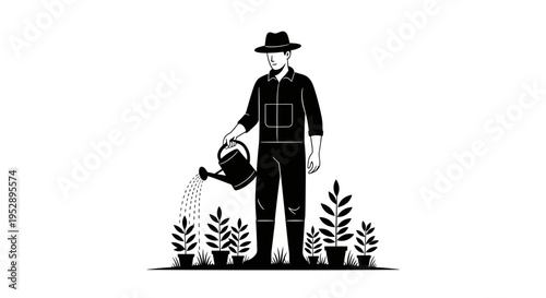 Man in a hat waters plants with a watering can in a simple black and white illustration showing gardening activity with potted plants around him.