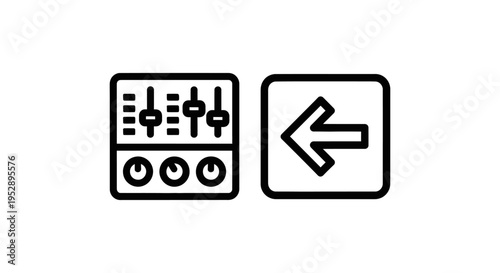 Icons showing an audio mixer control panel and a left arrow symbol, representing sound adjustment and direction