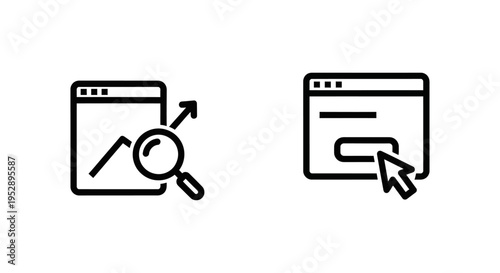 Landing page optimization and landing page icons showing graph analysis, search, and click action for web development and digital marketing