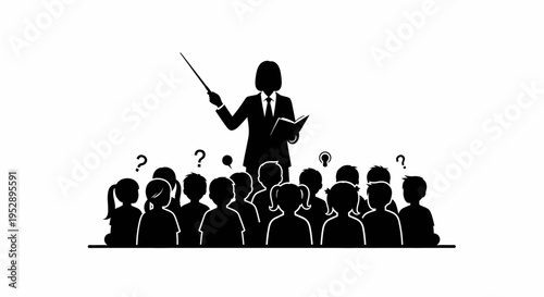 Teacher standing in front of a classroom of students with question marks